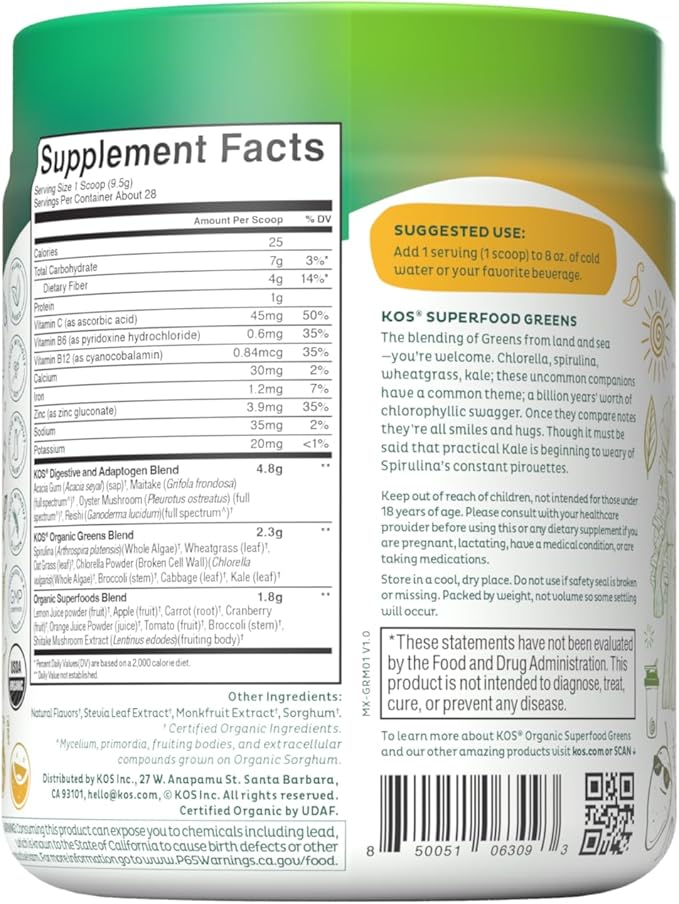 KOS Organic Superfood Greens Powder - Gut Health from Prebiotic Fiber, Supergreens and Adaptogens - USDA Certified Organic, Made in a GMP Certified Facility - 28 Servings Mango