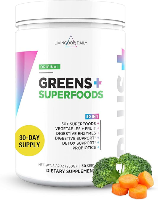 Livingood Daily Greens Superfood Powder (Original) - Super Greens Powder for Gut Health - Green Juice Powder Supplement with Spirulina, Chlorella, Enzymes, & Probiotics for Liver & Digestive Support