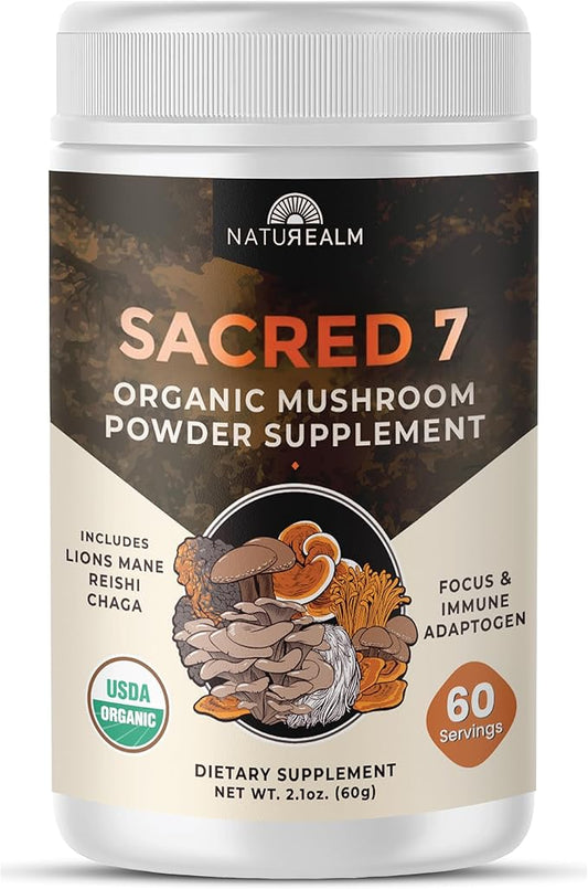 Sacred 7 Mushroom Coffee Booster | Organic Mushroom Supplement Powder – Lions Mane, Reishi, Chaga & More | Adaptogen + Nootropic | 100% Fruiting Bodies | Mix with Coffee,Tea, Smoothies - 60 Servings