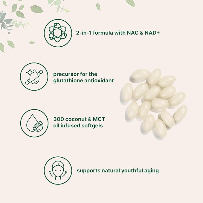 NAC 600mg with NAD+, 300 Coconut MCT Oil Softgels | N Acetyl L Cysteine & Nicotinamide Forms for Better Absorption | Antioxidant Supplement | Promotes Energy & Youthful Aging | Non-GMO