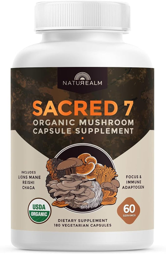 Naturealm Sacred 7 Organic Mushroom Extract Capsules - Premium 7 Mushroom Supplement with Lions Mane, Reishi, Chaga - USDA Organic Immune Support & Focus - 180 Vegetarian Capsules