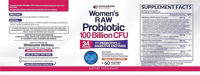 Wholesome Wellness Dr. Formulated Raw Probiotics for Women 100 Billion CFUs Capsules with Prebiotics, Digestive Enzymes, Approved for Adults, Shelf Stable Supplement