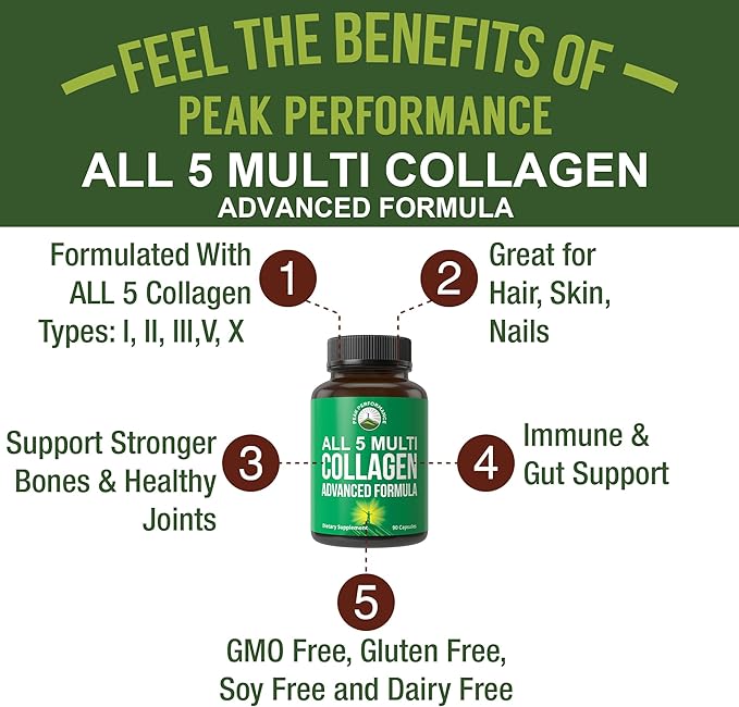 Peak Performance All 5 Multi-Collagen Capsules 90 Pills of Grass Fed Peptides Protein. with All 5 Collagen Types I, II, III,V, X. Grass Fed Beef, Fish, Chicken, Bone Broth Supplement