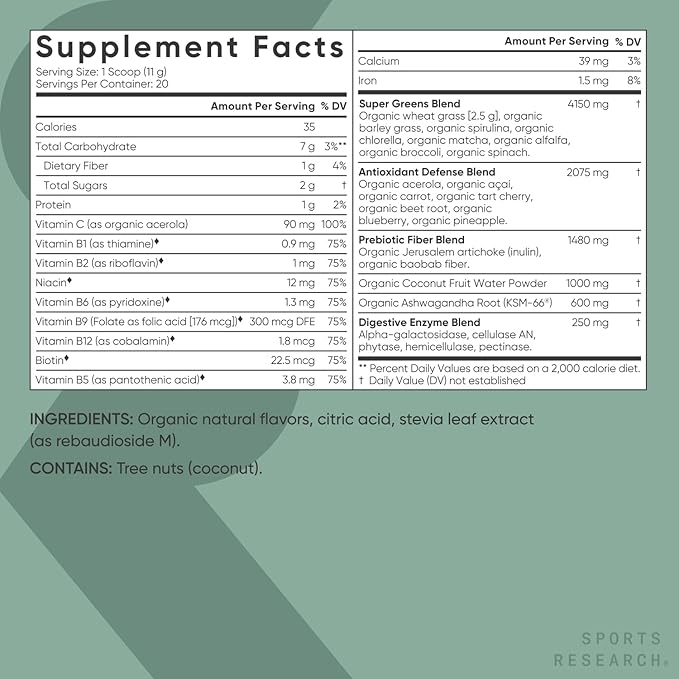 Sports Research® Organic Greens Superfood Powder w/Spirulina & Chlorella, Adaptogens, Enzymes, Probiotics & 8 VIT Bs for Gut & Mood Support* - Vegan, Sugar-Free & Low-Cal Pineapple Coconut 20