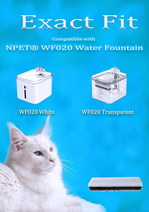 12X Replacement Premium Water Filter Compatible with NPET WF020 Water Fountain. Rectangular-Shaped, Washable Pet Fountain Filters with Triple Filtration System