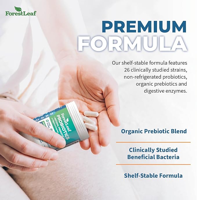 ForestLeaf Clinically Studied Probiotics 100 Billion CFU, 26 Strains with Organic Prebiotic Blend & Digestive Enzymes - Probiotic Prebiotic for Men & Women - Probiotics Digestive Health (30 Capsules)