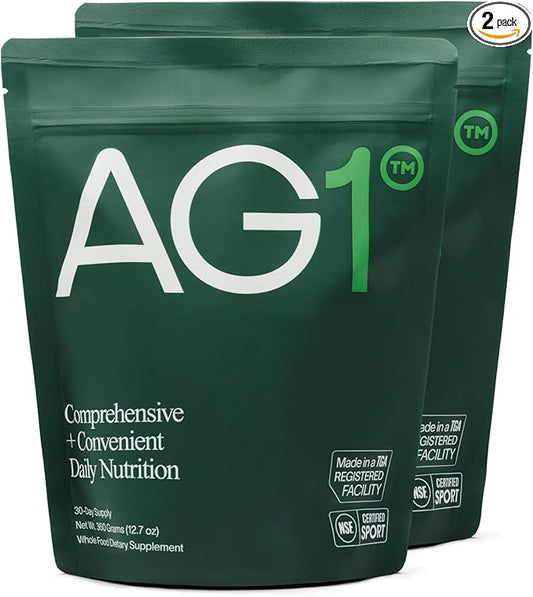 AG1 Greens Powder Supplement | Improve Gut Health | Multivitamin, Probiotic, Gluten Free, Vegan and Keto Friendly | 75 Vitamins (Athletic Greens) - 2 Pack 30 Servings Per Pouch