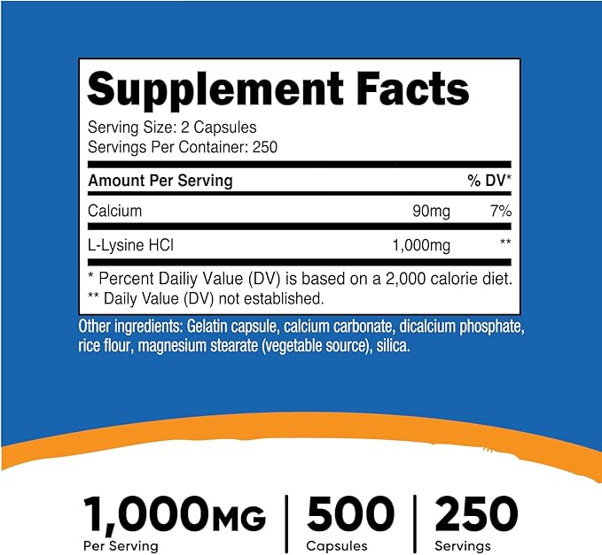 Nutricost L-Lysine 1000mg Per Serving, 250 Servings, 500 Capsules - Gluten Free, Non-GMO, 500mg Per Capsule