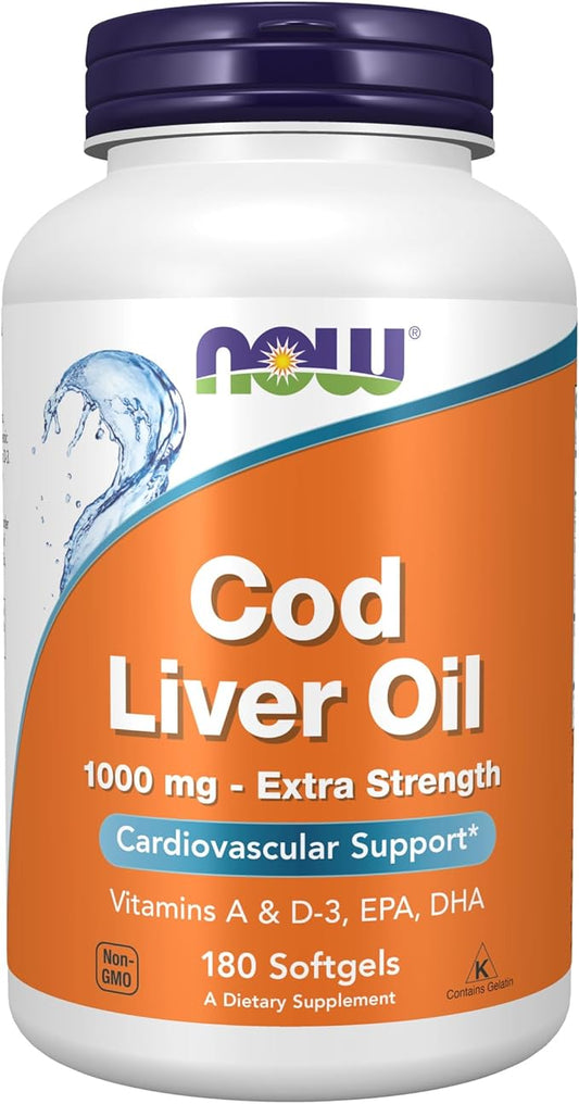 NOW Supplements, Cod Liver Oil, Extra 1,000 mg D-3, EPA, 180 Softgels