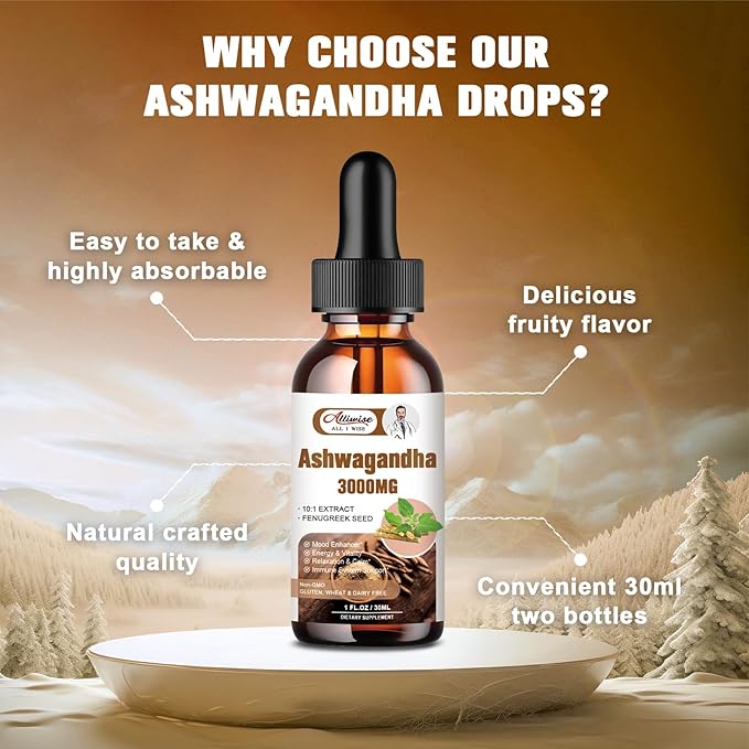 2 Pack Ashwagandha Supplement Liquid Drops 3000mg with VitaminD3,Fenugreek Seeds，Magnesium