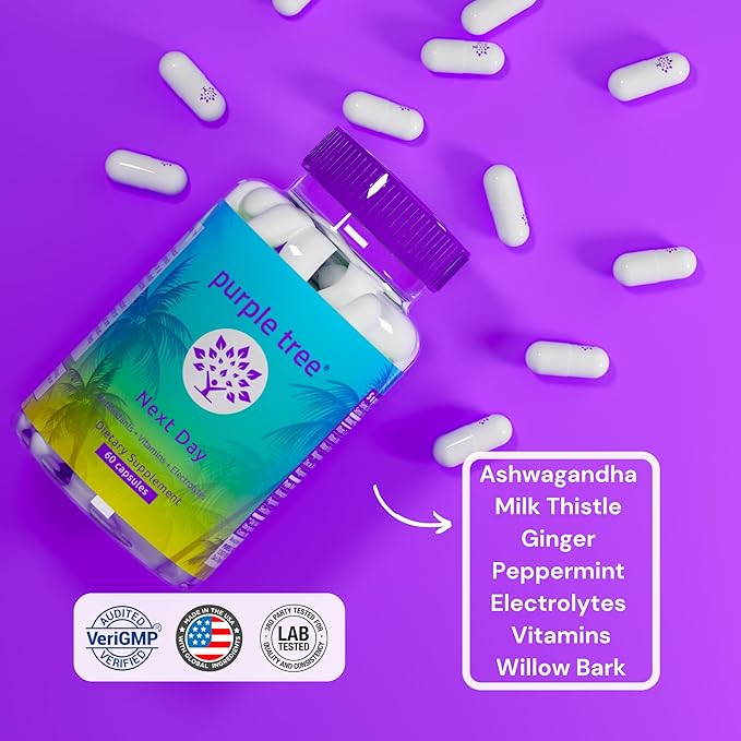 purple tree Next Day, Post-Celebration Wellness - Take Tomorrow | Replenish & Feel Your Best | Ashwagandha, Ginger, Peppermint, Milk Thistle, Electrolytes, Vitamins, 30 Pills