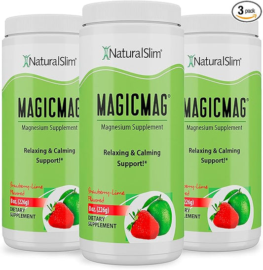 NaturalSlim Magicmag Pure Magnesium Citrate Powder – Stress, Constipation, Muscle, and Heart Support | Natural Strawberry & Lime Flavored Magnesium Supplement - 8oz Drink Mix (3 Pack)