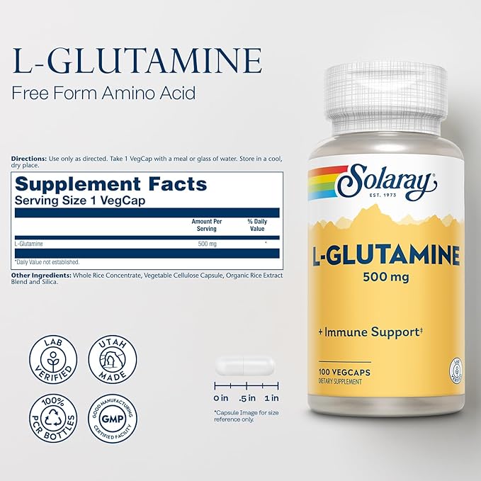 Solaray L Glutamine Capsules 500 mg 60-Day Money-Back 100 Servings, 100 VegCaps