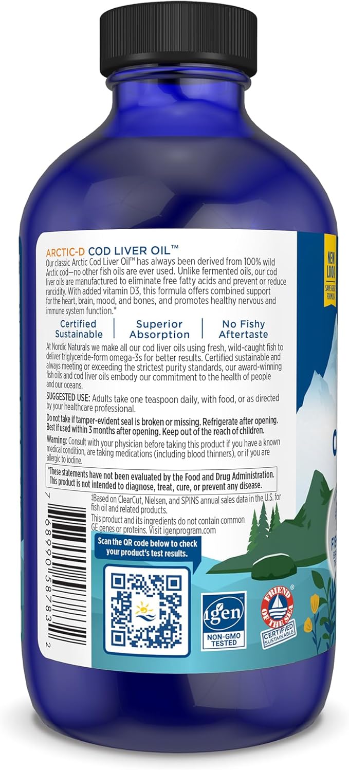 Nordic Naturals Arctic-D Cod Liver Oil, Lemon 8 oz 1060 mg Omega-3s + 1000 IU D3 - 48 Servings