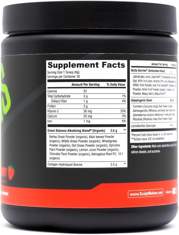 Sculpt Nation by V Shred Greens Strawberry - Premium Greens Powder & Superfood Blend with Collagen to Support Skin, Digestion, and Energy - 30-Day Supply