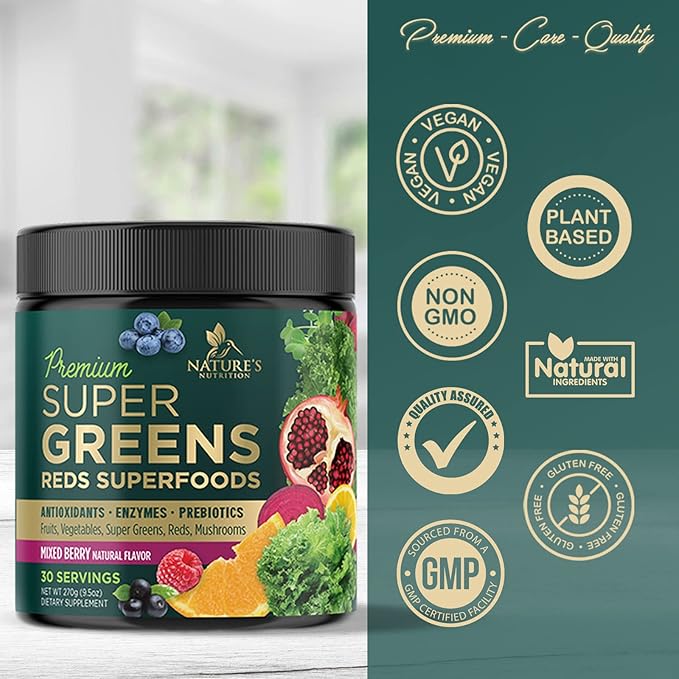 Greens Superfood Powder Drink Mix - Green Whole Food Blend for Energy & Gut Health with Organic Wheat Grass, Spirulina, Chlorella, Digestive Enzymes Antioxidant & Probiotics, Berry Flavor, 30 Servings