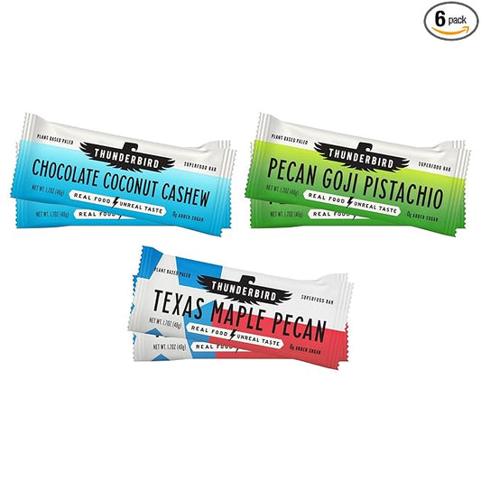 Thunderbird Bars Energy Snack, Gluten-Free with Protein, Healthy Real Food, Vegan Paleo Non-GMO, No Added Sugar, Variety Flavor Pack (6 Count, 2 of Each Flavor, 1.7 oz. Bars)