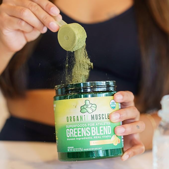 Organic Muscle Super Greens Powder Organic Superfood Powder with Probiotics, Spirulina, Chlorella, and Matcha| Non-GMO, 30 Servings