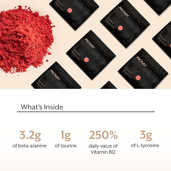 Promix Pre-Workout Powder, Strawberry Lemon B12, Caffeine,