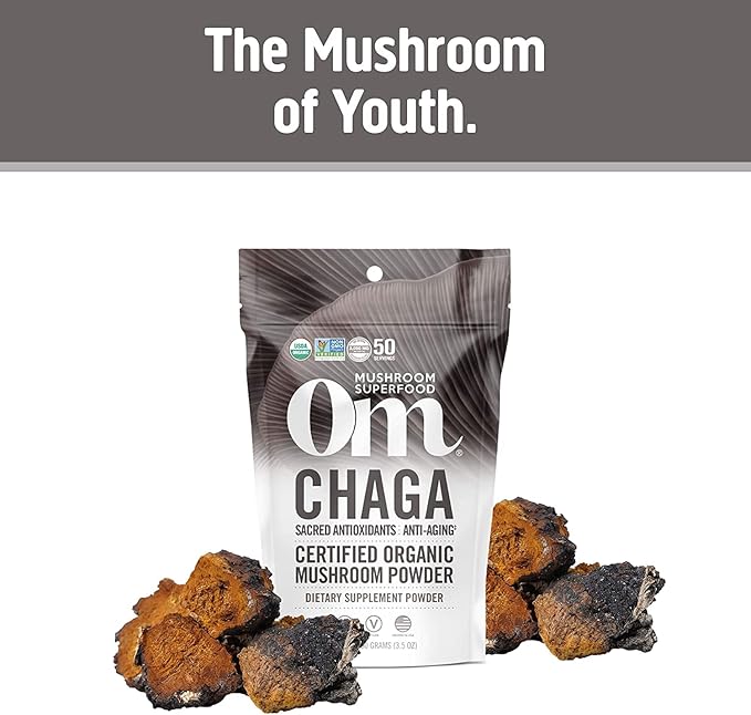 Om Mushroom Superfood Chaga Organic Mushroom Powder, 3.5 Ounce, 50 Servings, US Grown, Sacred Antioxidants & Immune Support, Superfood Mushroom Supplement