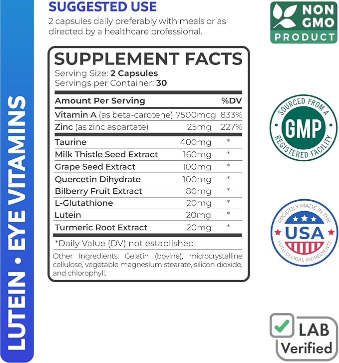 Lutein Eye Vitamins (Non-GMO) Vision Support 60 Capsules