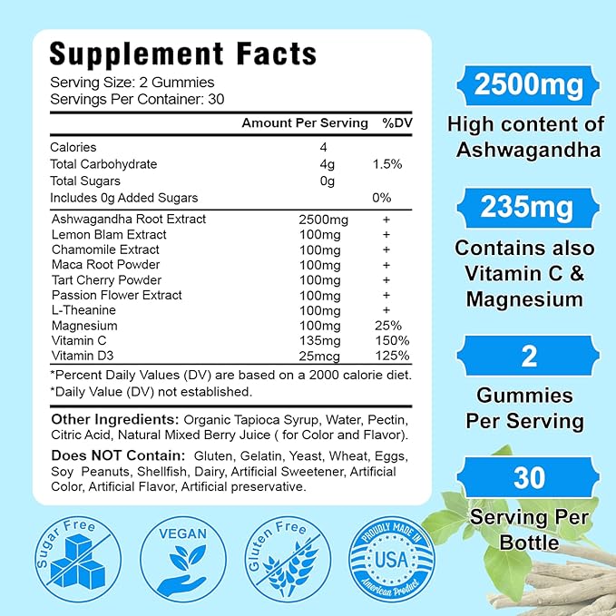 2 Pack Ashwagandha Gummies for Women 2500mg Organic 120 Count