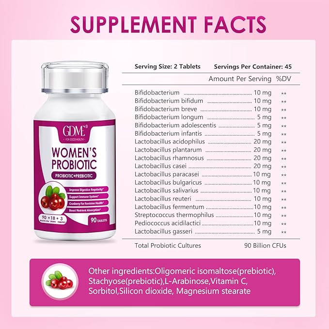 Women's Probiotics, 90 Tablets 90 Billion CFU 18 Strains, Contains Organic Prebiotic Cranberry,Probiotic Supplement for Digestion, Immunity, Women's Health, Soy Gluten Dairy Free