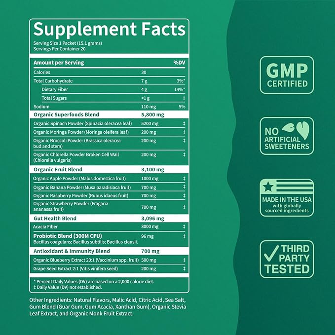 Nello Supergreens Premium Superfood Greens Drink Mix w/Chlorella, Moringa, Spinach & Broccoli + Digestive Enzymes & Probiotic Blend -Nutrient-Packed Powder Wellness (Apple Pear, 20 SRV, Travel Pack)