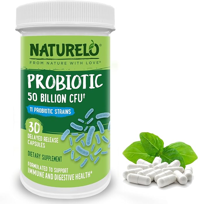 NATURELO Probiotics for Digestive Health 50 Billion 11 Strains 30 Vegetarian