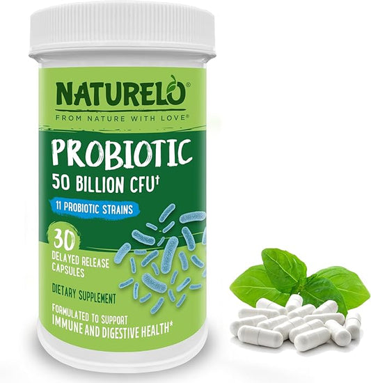 NATURELO Probiotics for Digestive Health 50 Billion 11 Strains 30 Vegetarian