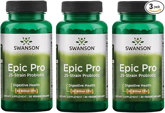 Swanson Epic-Pro 25-Strain Probiotic 30 Billion CFU Digestive Health Immune System Support Prebiotic Nutraflora FOS 30 DRcaps Veggie Capsules (3 Pack)