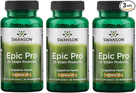 Swanson Epic-Pro 25-Strain Probiotic 30 Billion CFU Digestive Health Immune System Support Prebiotic Nutraflora FOS 30 DRcaps Veggie Capsules (3 Pack)