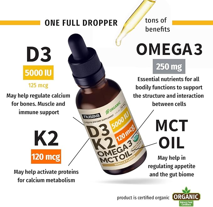 (2 Pack) Organic Vitamin D3 K2 3, 5000 5000 IU, 5000 IU, D3 for 2 Fl