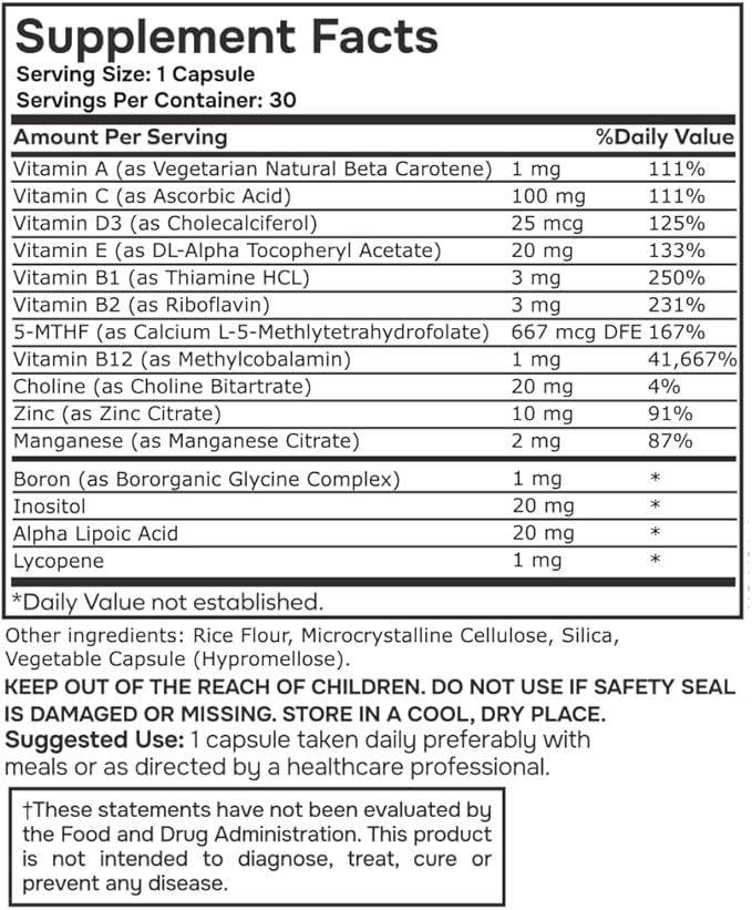Methylated Multivitamin Multimineral Complex L Methylfolate, 30 Count