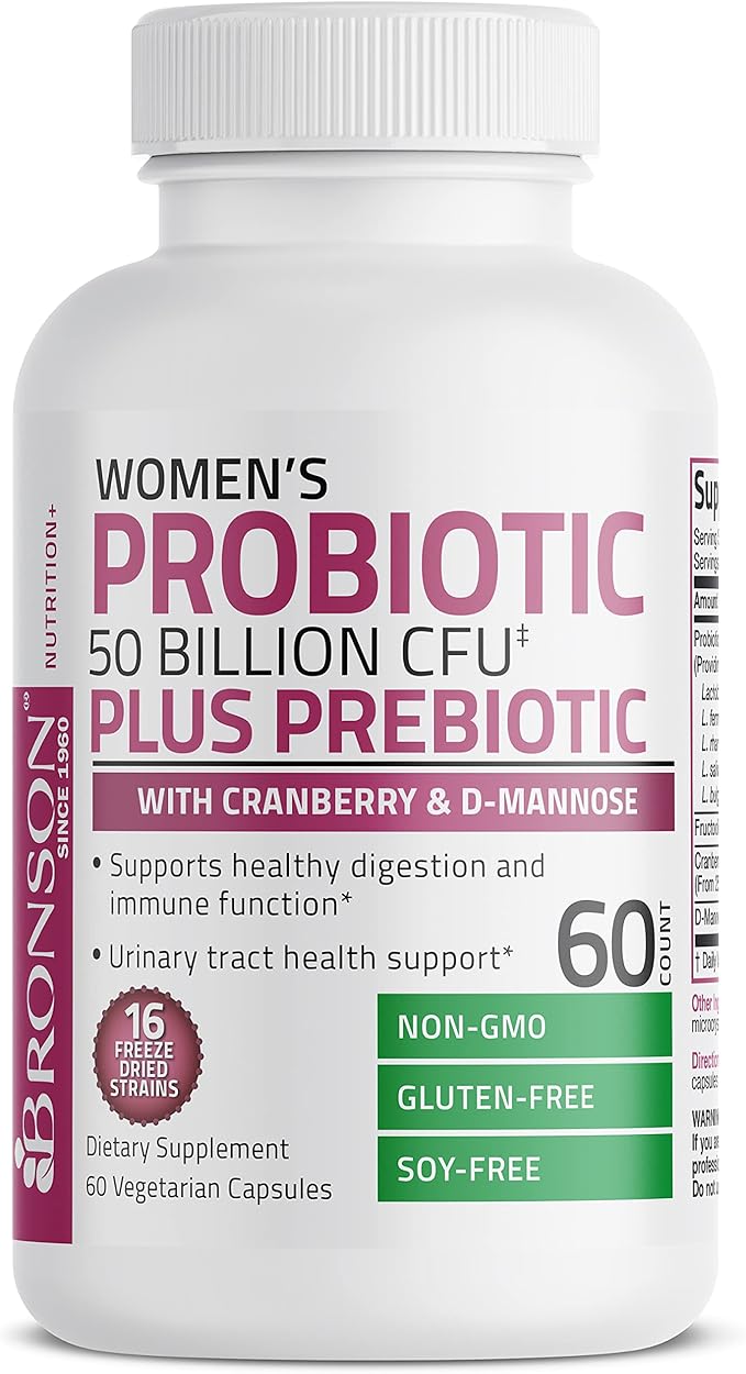 Bronson Women's Probiotic 50 Billion CFU + Prebiotic with Cranberry & D-Mannose – Vaginal Health, Healthy Digestion, Immune Function and Urinary Tract Support, Non-GMO, 60 Vegetarian Capsules