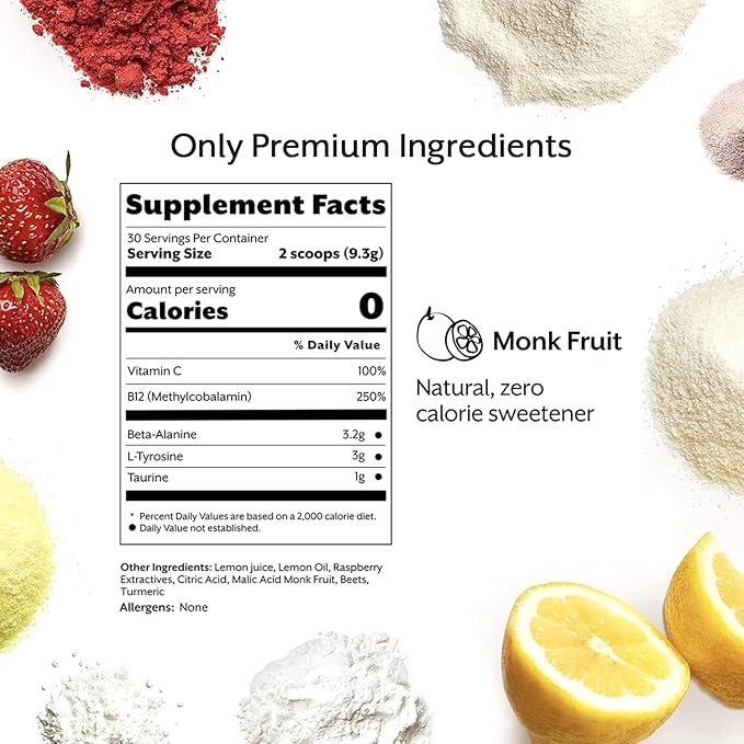 Promix Stim-Free Pre-Workout Powder, Raspberry Lemon 30 Servings, 274g - B12, Taurine,
