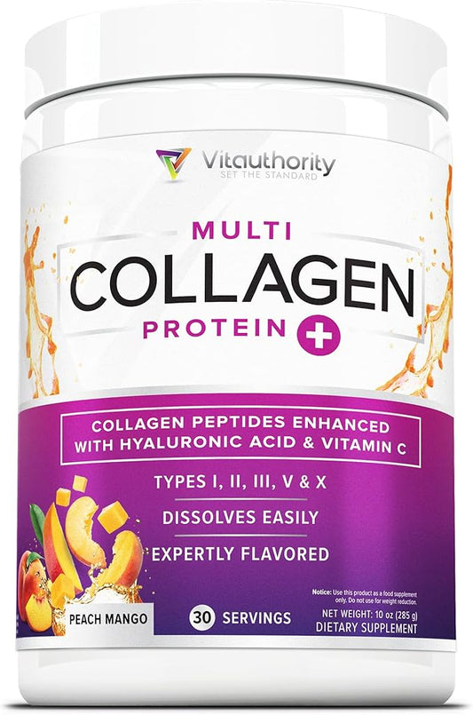 Multi Collagen Peptides Powder for Women and Men - Instant Dissolving Grass Fed Hydrolyzed Collagen Powder Drink Mix for Beautiful Hair Skin and Nails with Hyaluronic Acid and Vitamin C
