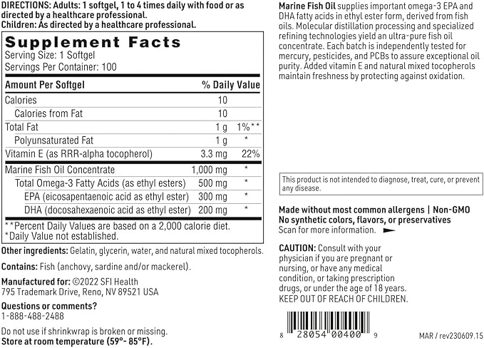 Klaire Labs Marine Fish Oil 300 Milligrams 200 Milligrams 3 Unflavored (100 Softgels)