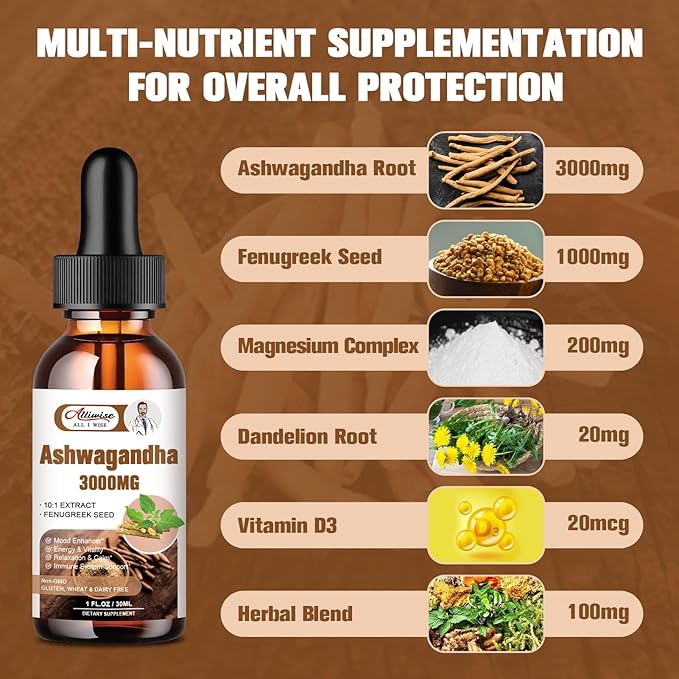 2 Pack Ashwagandha Supplement Liquid Drops 3000mg with VitaminD3,Fenugreek Seeds，Magnesium