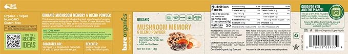 BareOrganics, Mushroom Memory Blend Powder, Organic Superfood, Vegan Dietary Supplement, 4 Ounces