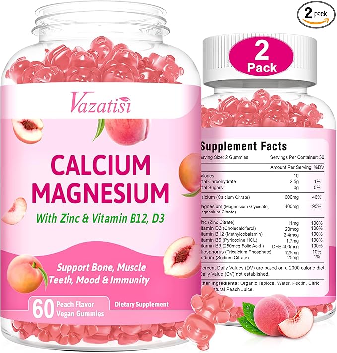 2 Pack Calcium Magnesium Zinc Gummies D3 & B12, Sugar