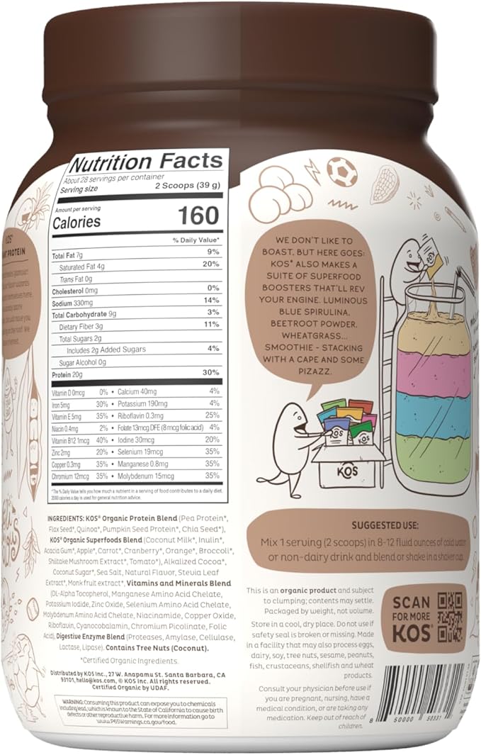 KOS Vegan Protein Powder Erythritol Free, Chocolate 28 Servings