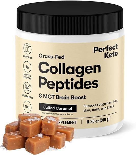Perfect Keto Collagen Peptides Protein Powder with MCT Oil, Hydrolyzed Collagen, Type I & III Supplement, Gluten Free Grass Fed, Low Carb, Keto Coffee Creamer, Collagen for Women & Men, Salted Caramel
