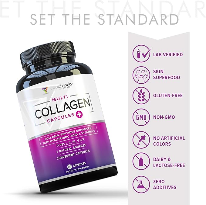 Vitauthority Multi Collagen Pills for Women and Men High Absorption Hydrolyzed Peptides Capsules for Hair Skin and Nails with Types I II III V X Hyaluronic Acid and Vitamin C - 60 Servings