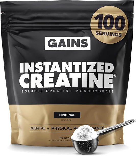 Gains in Bulk Instantized Creatine Monohydrate for Women and Men, Soluble Pre Workout Powder, Supports Muscle Building, Strength and Performance, Bodybuilding Supplements, Unflavored, 100 Servings