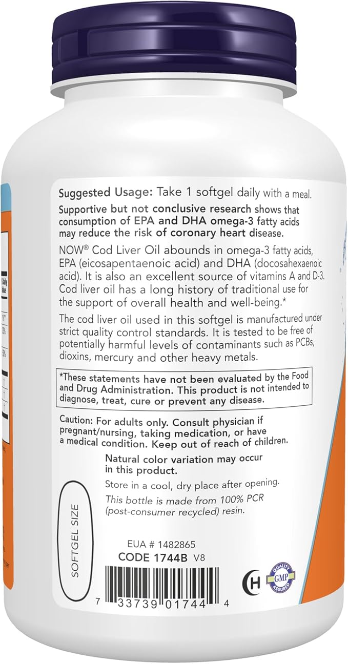 NOW Supplements, Cod Liver Oil, Extra 1,000 mg D-3, EPA, 180 Softgels