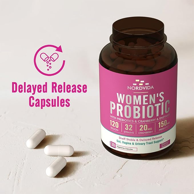 Women's Probiotic, 120 Billion & 32 Strains with Cranberry, Prebiotics & Digestive Enzymes, Gut, Vaginal & Urinary Tract Support, 30 Delayed Release Capsules