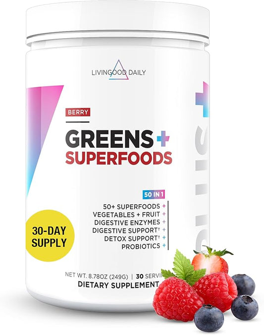 Livingood Daily Greens Superfood Powder (Berry) - Super Greens Powder for Gut Health - Green Juice Powder Supplement with Spirulina, Chlorella, Enzymes, & Probiotics for Liver & Digestive Support