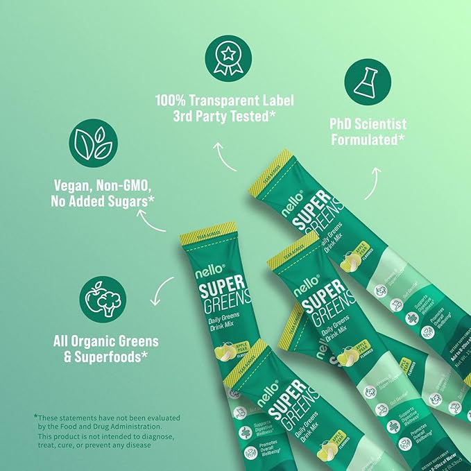 Nello Supergreens Premium Superfood Greens Drink Mix w/Chlorella, Moringa, Spinach & Broccoli + Digestive Enzymes & Probiotic Blend -Nutrient-Packed Powder Wellness (Apple Pear, 20 SRV, Travel Pack)