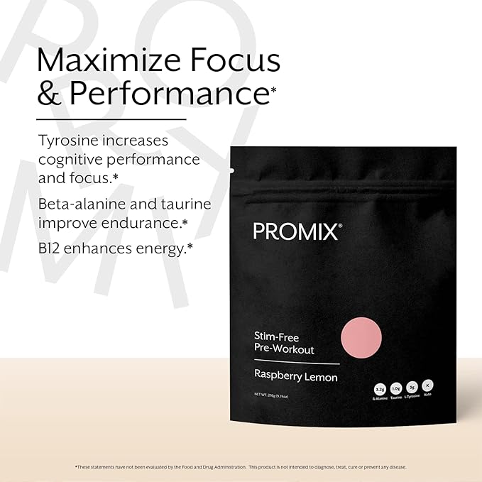 Promix Stim-Free Pre-Workout Powder, Raspberry Lemon 30 Servings, 274g - B12, Taurine,